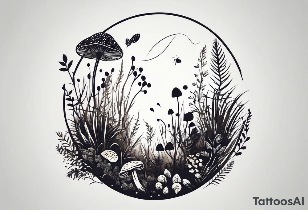 minimalistic forest floor inspired tattoo, which includes grass, moss, curly ferns and dead leaves as the bulk of the tattoo. details to include: forest berries, couple of very small brown mushrooms, a tiny bumblebee flying nearby tattoo idea