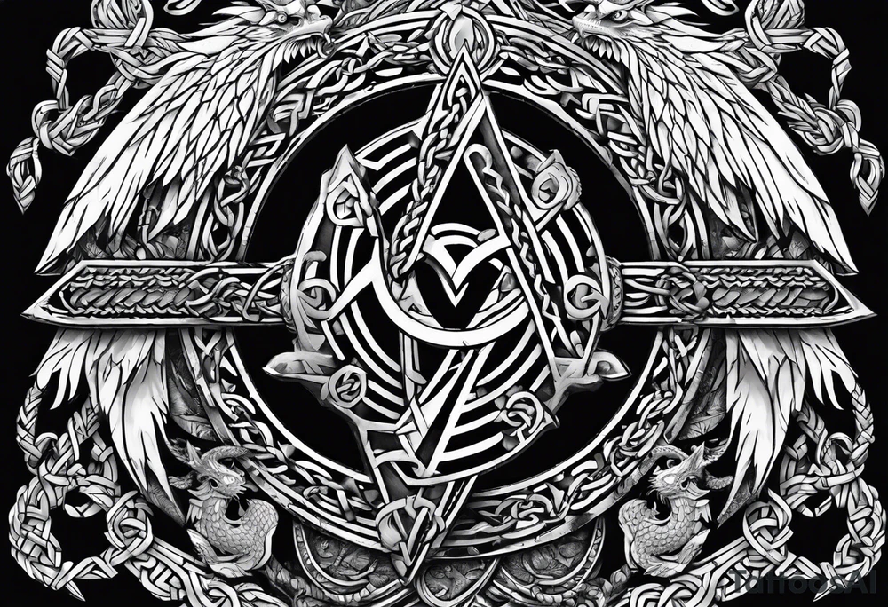 Valhalla sword shield dragon axe Valknut barbed wire chains tribal tattoo idea Valhalla sword shield dragon axe Valknut barbed wire chains tribal tattoo idea