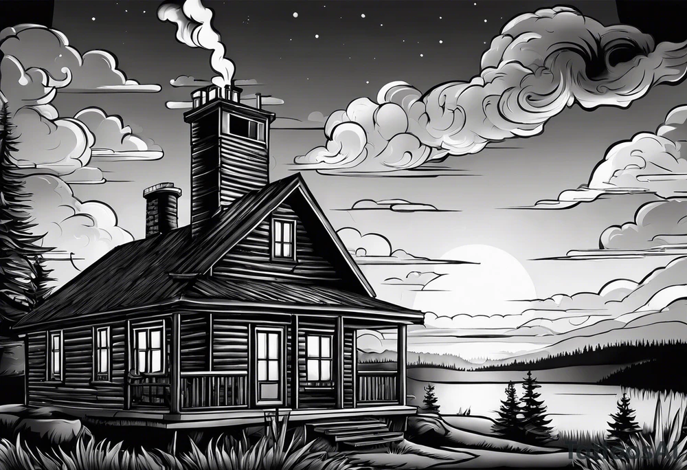 cabin chimney smoke says "Hutting Est. 2004" friends sunset tattoo idea