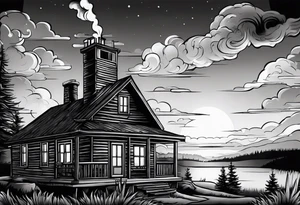 cabin chimney smoke says "Hutting Est. 2004" friends sunset tattoo idea