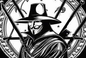 Centered v for vendetta, mask only. No hat.   Vintage compass surround. Crossed fencing swords tattoo idea