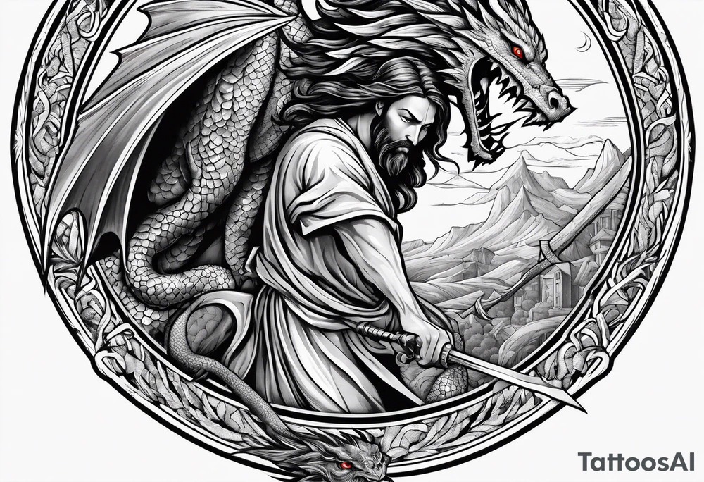 Jesus stabbing a dragon with javelin tattoo idea