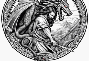 Jesus stabbing a dragon with javelin tattoo idea