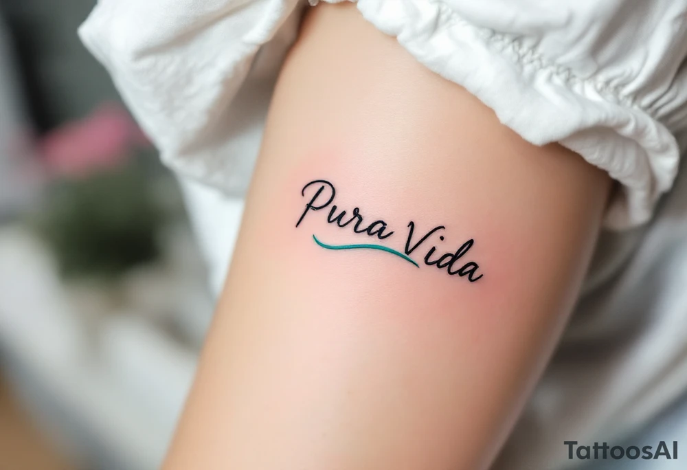 Minimal “Pura Vida” with a single turquoise wave curling underneath the text in a continuous line. tattoo idea