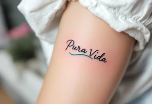 Minimal “Pura Vida” with a single turquoise wave curling underneath the text in a continuous line. tattoo idea