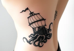 female side and hip tattoo pirate ship getting sunk by the kraken tattoo idea