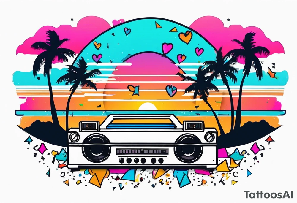1980's miami vice style beach dance 
party, include confetti, music notes, boom box, bikinis sunset in the center tattoo idea
