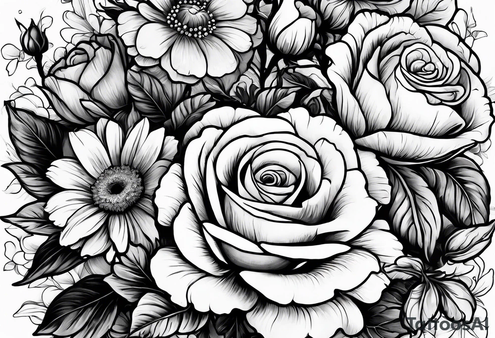 Roses, marigolds, cosmos, daisies, sweet peas tattoo idea