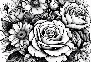 Roses, marigolds, cosmos, daisies, sweet peas tattoo idea