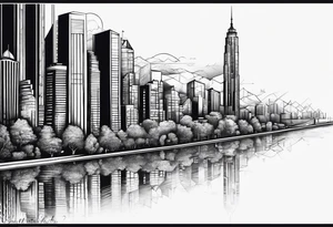 City with tall building leg sleeve tattoo idea