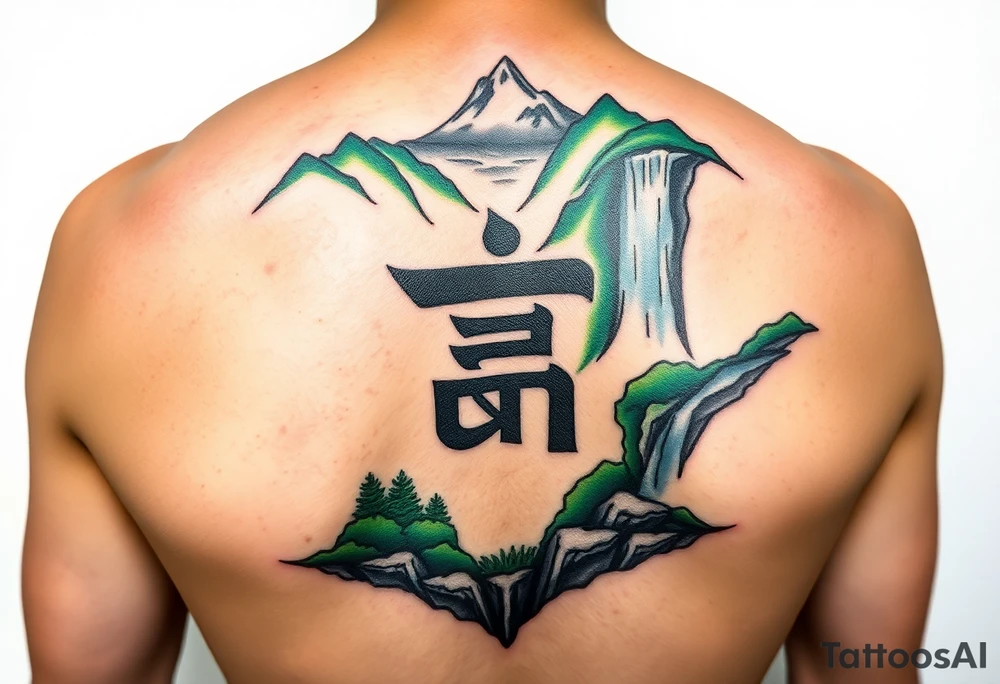 I need to import a photograph as the focal point of the tattoo. The Burmese word သား Inside of a photo the subject of the photo.  The photo surrounded by a colorful green mountainside with a waterfall tattoo idea