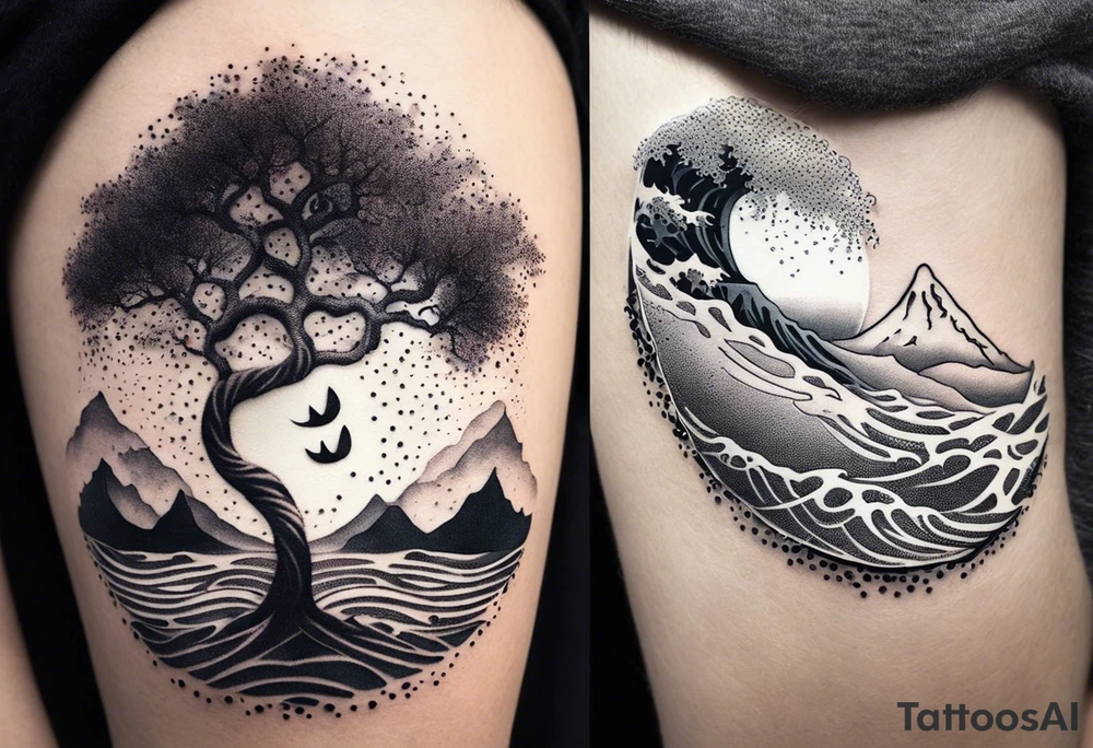an abstract Tree of Life tattoo. It should have roots growing out of the bottom. The roots slowly turn into water from the Great Wave by Hokusai. A golf flag should be placed discreetly growing out of the ground. 2 license plate tags should be hanging from the tree. Place a few music notes in the areas the leaves should be. The letters A U should be engraved into the tree trunk in a heart. tattoo idea