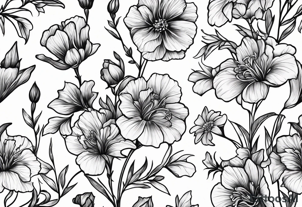 Simple Tattoo of larkspur, stemmed carnation, stemmed violet, stemmed daisy tattoo idea