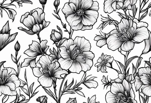 Simple Tattoo of larkspur, stemmed carnation, stemmed violet, stemmed daisy tattoo idea