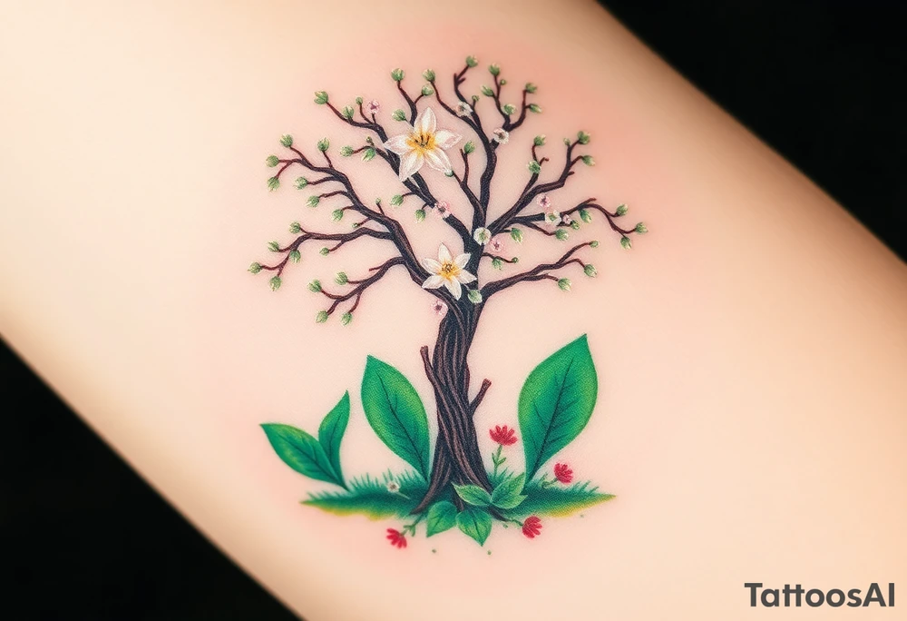 Lilly of the vally plants underneath a blooming hawthorn tree with other plants on ground tattoo idea