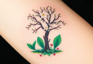 Lilly of the vally plants underneath a blooming hawthorn tree with other plants on ground tattoo idea