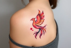 Phoenix rising from the ashes with the colors red, pink, orange and purple. Size 3 cm wide and 5 cm high tattoo idea