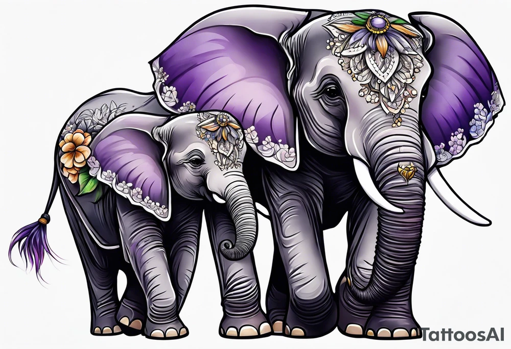 Elephant with baby Elephant holding lilacs tattoo idea