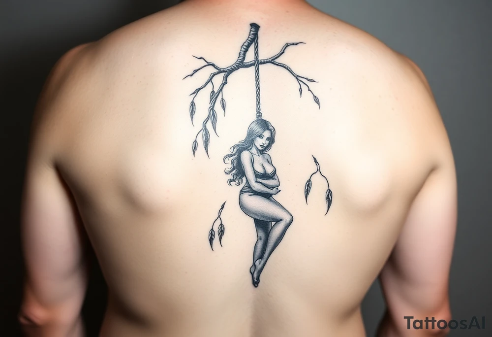 Fat sexy woman hanging in a noose off a weeping willow tree tattoo idea