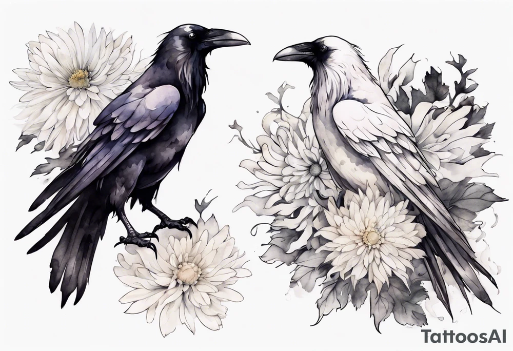 a raven with white claws and a white chrysanthemum on her chest tattoo idea