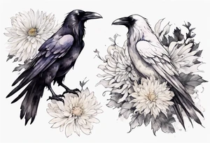 a raven with white claws and a white chrysanthemum on her chest tattoo idea