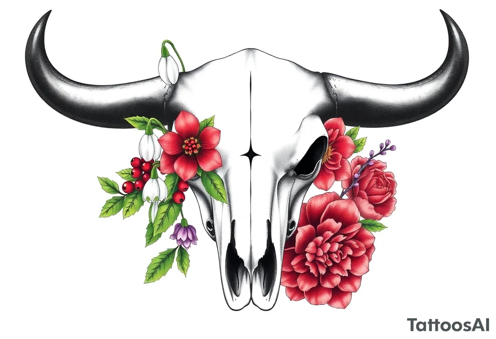 Buffalo or bison skull with flowers. Snow drop and red peony. Green holly with red berries, purple larkspur, red peony.  Colour. For upper arm or shoulder. Masculin. tattoo idea