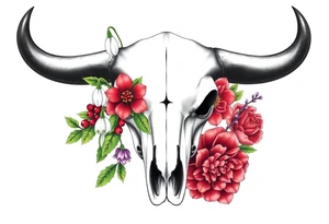 Buffalo or bison skull with flowers. Snow drop and red peony. Green holly with red berries, purple larkspur, red peony.  Colour. For upper arm or shoulder. Masculin. tattoo idea