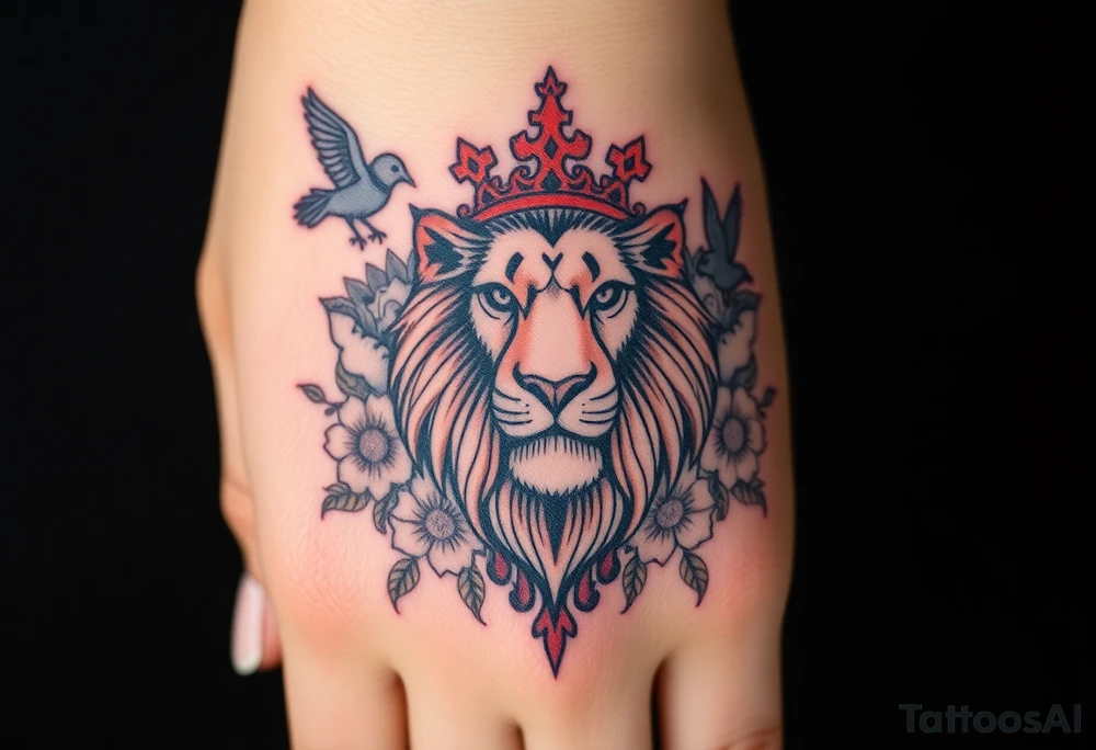 powerful majestic lion with a crown, surrounded by floral ornaments and birds tattoo idea