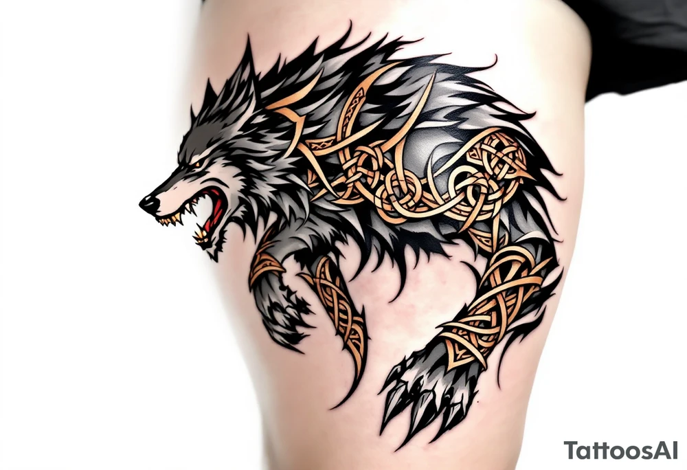 Celtic Wolf in Battle Stance – A snarling wolf with deep gray fur and bronze knot armor details entwined around its limbs and shoulders. tattoo idea