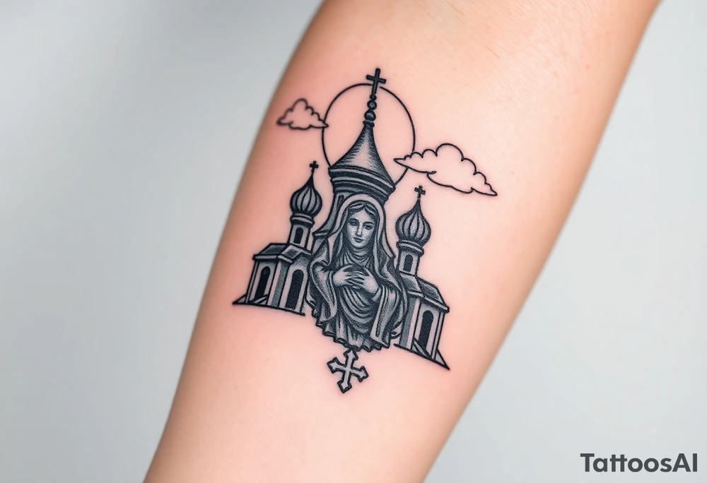 Russian Orthodox church with orthodox spire crosses, with a glow around the church, clouds above it and a virgin mary seperately looking over hands on heart sat above tattoo idea
