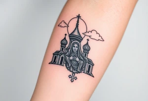 Russian Orthodox church with orthodox spire crosses, with a glow around the church, clouds above it and a virgin mary seperately looking over hands on heart sat above tattoo idea