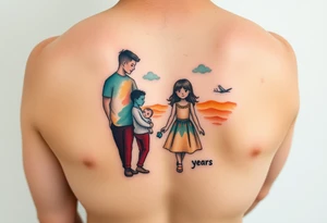 Family 2 parents, 1 baby boy, one 3-year girl wlking through the horizons tattoo idea
