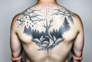 powerful ocean and forrest with rainy clouds with lighting sleeve for arm and stars and clouds tattoo idea