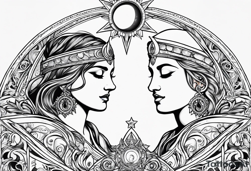 Twin flame with moon and sun tattoo idea