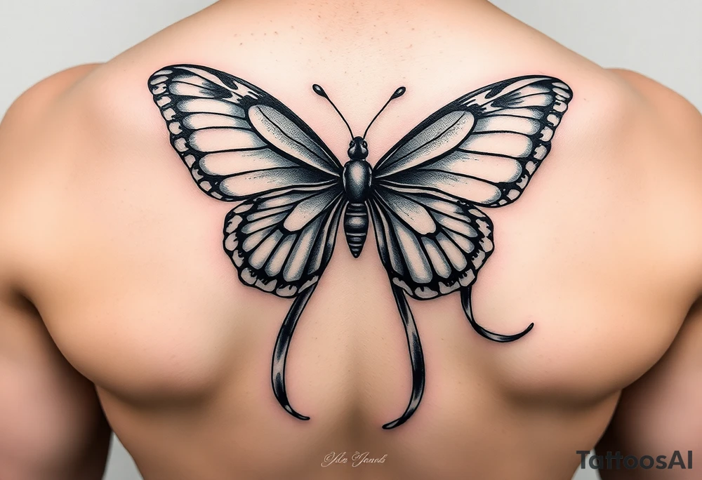 ethereal butterfly with flowing silk ribbons in moonlight tattoo idea