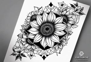 Sunflower forearm tattoo with honeycomb background and mandala wrist wrap. Sunflowers tattoo idea