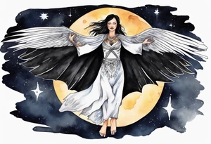 a beautiful 45 year old Dakota woman flying in the night sky with black wings, wearing a black and white cloak, bare feet tattoo idea