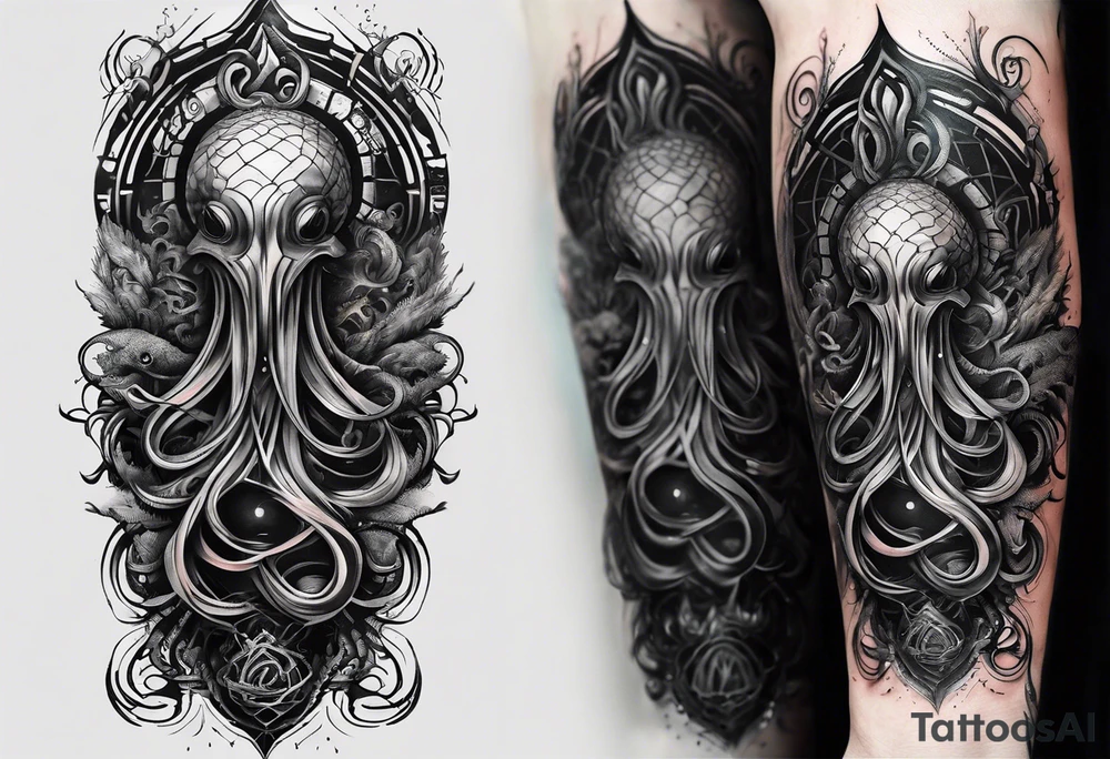 Long tattoo for forearm. Lovecraftian creature, flowing into more futuristic technology elements. Long tentacles. tattoo idea