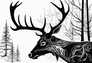 side profile of a DECAYING deer skull JUST BONE lore accurate wendigo surrounded by a flames and trees tattoo idea