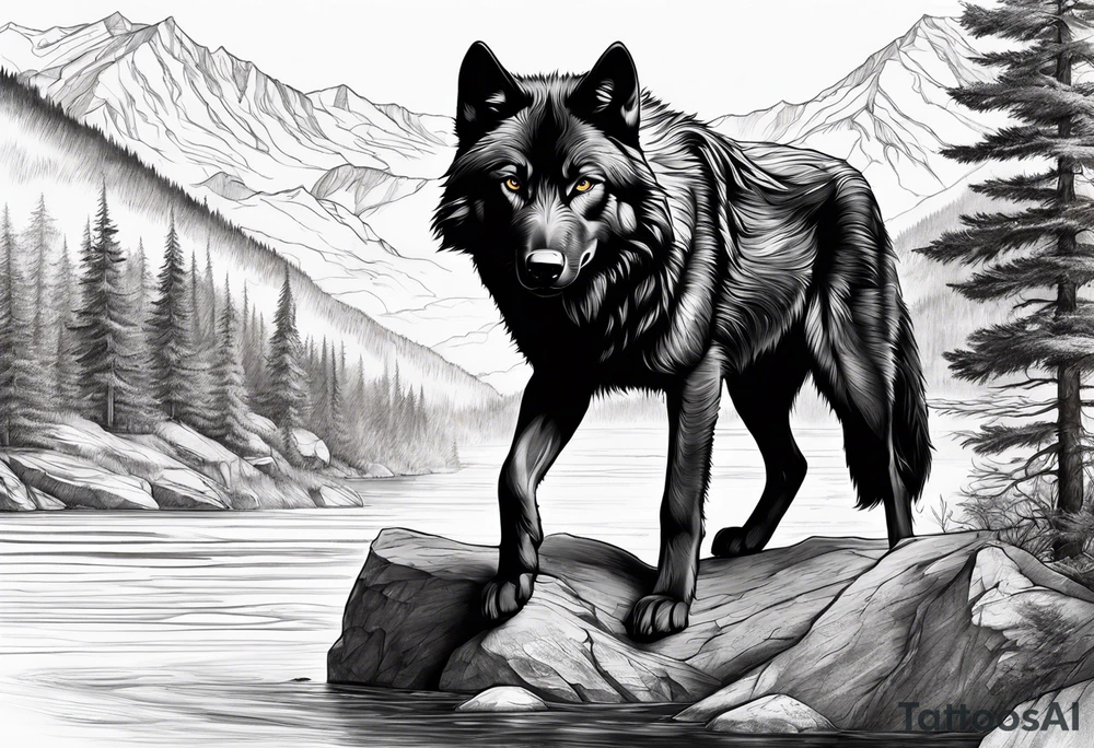 Create a tattoo of a black wolf with mountain/lake but different tattoo idea