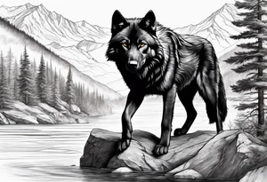 Create a tattoo of a black wolf with mountain/lake but different tattoo idea