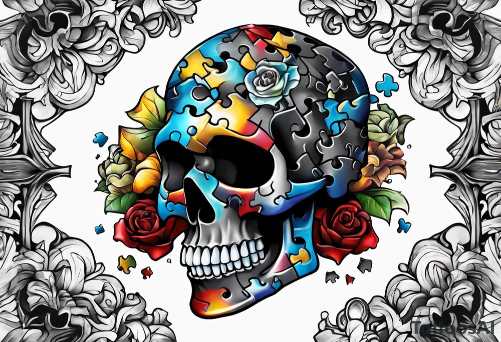 Skull with Autism Awareness Puzzle pieces. tattoo idea