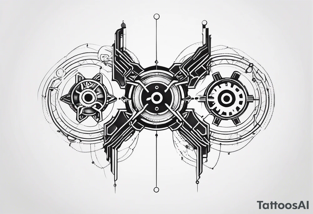 Design a tattoo that combines the elegant entanglement symbol from quantum mechanics with intricate robotic circuitry. The entanglement lines should intertwine seamlessly with the mechanical gears, symbolizing the fusion of cutting-edge technology and quantum physics tattoo idea