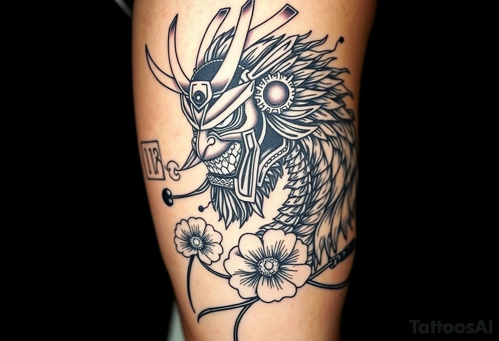 Ronin to cover the entire thigh with smoke coming out of its mouth with 11b tattooed under its left eye with 1 poppy on each side of the ronin tattoo idea