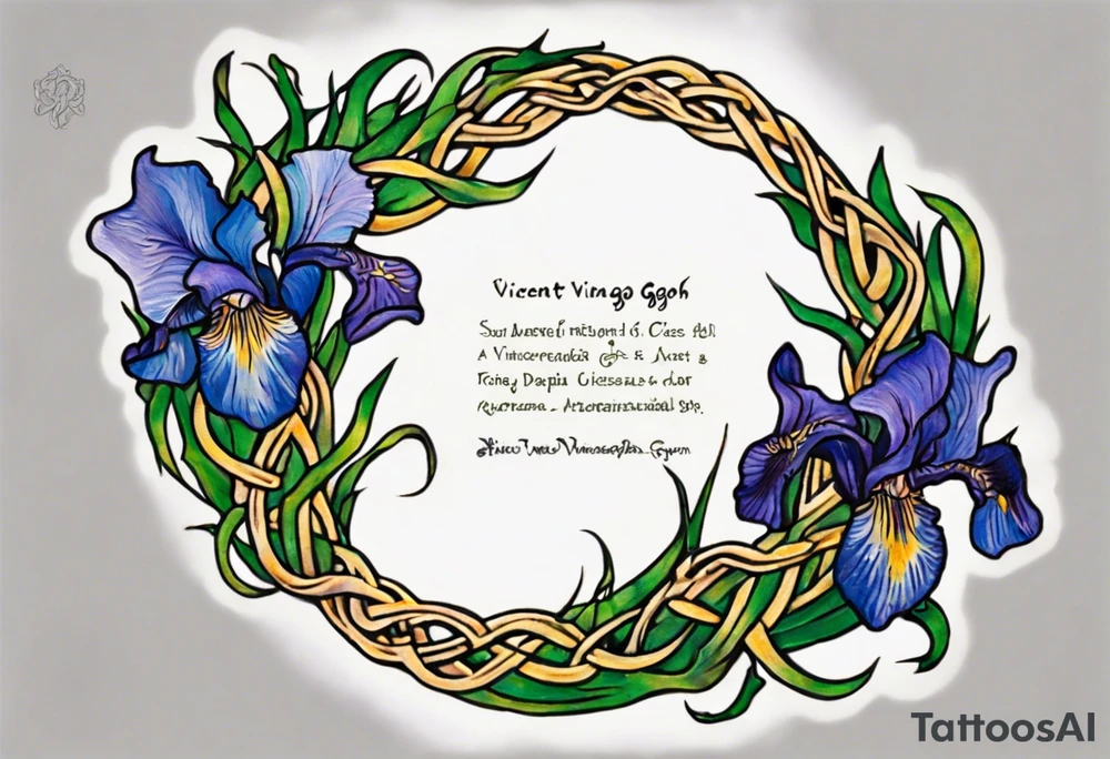 Create a colorful small Vincent van Gogh Irises tattoo with Celtic knots. The tattoo should take the form of a crescent, with vines gracefully intertwining at a central point in the middle of the wreath. Ensure that the design avoids the appearance of a bush and maintains a more structured and deliberate arrangement. The intended placement is on the upper chest. The overall design should be small in size while maintaining a delicate and artistic aesthetic. Pay attention to the graceful flow of the vines and the placement of the irises to achieve a refined and elegant look tattoo idea