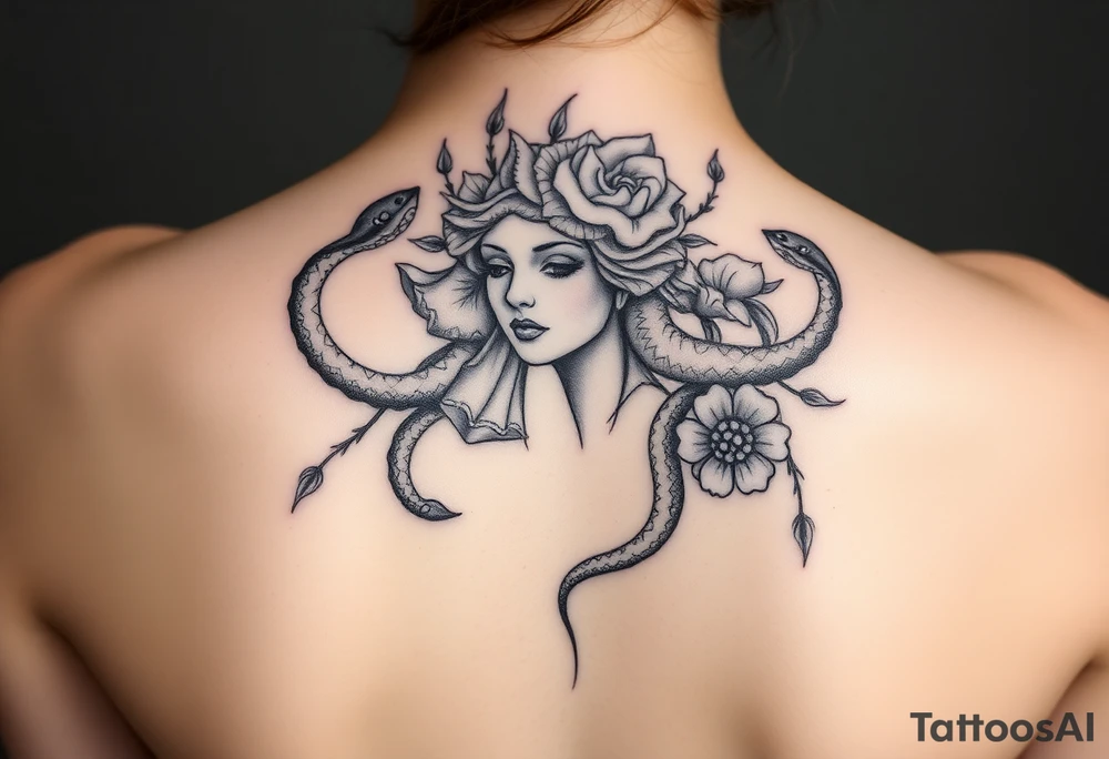 Medusa with snakes and flowers tattoo idea