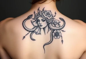 Medusa with snakes and flowers tattoo idea