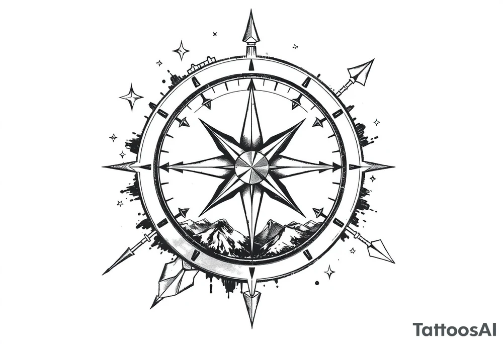 a compass,stars,landscape,an arrow. tattoo idea