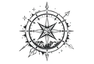 a compass,stars,landscape,an arrow. tattoo idea