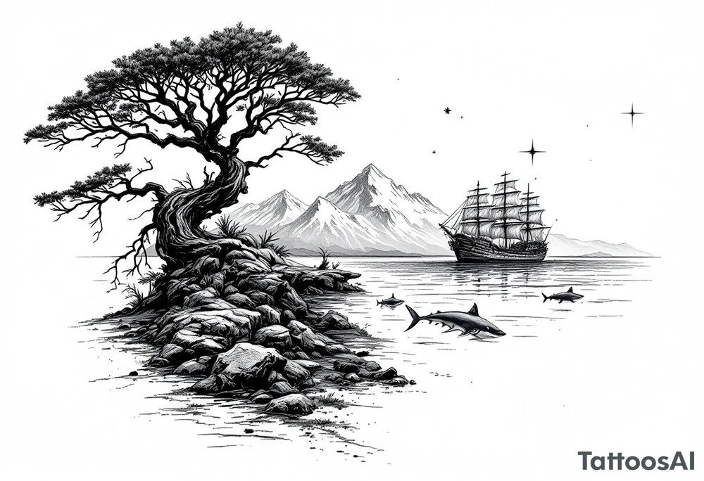 tattoo that has an acacia tree with mountains, ocean with a ship wreck with sharks and the northern star tattoo idea